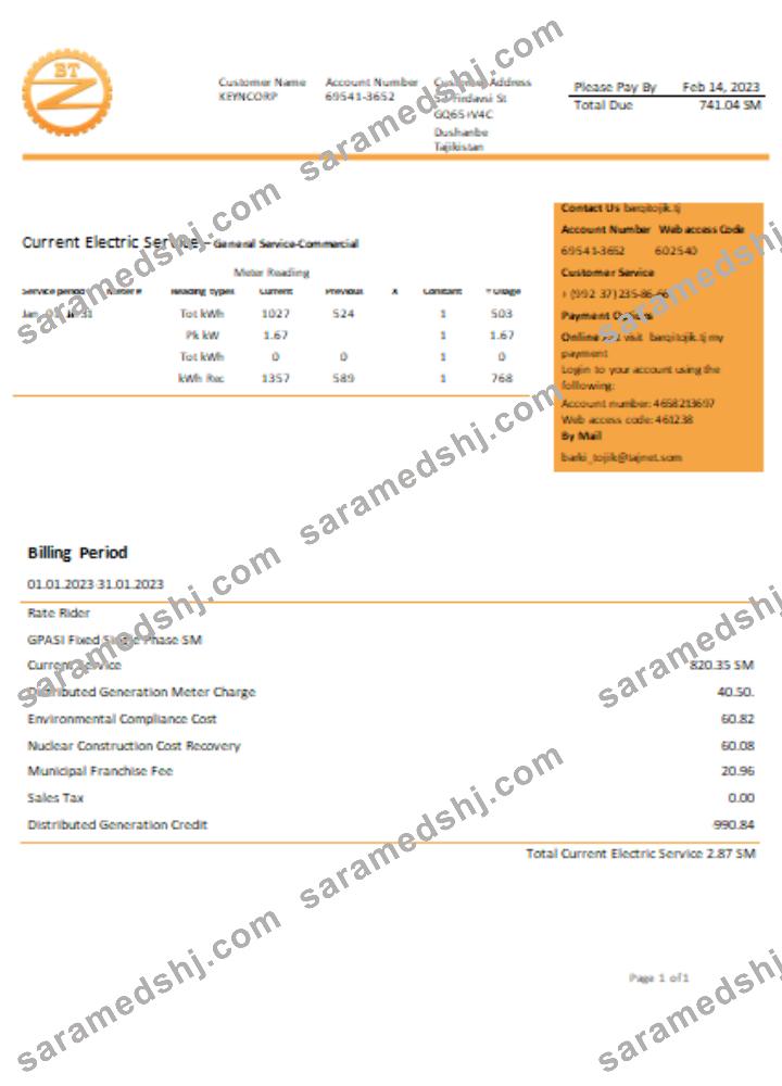 Barqi Tojik Company  electricity business bill,  SCR
